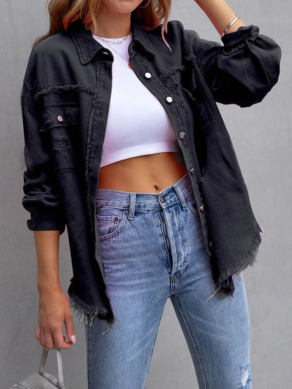 Oversized overhemdjack dames met rafelranden en borstzakken - zwart