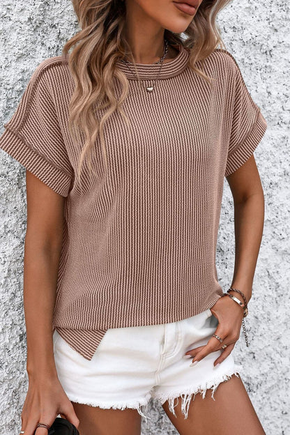 Ribshirt dames met korte mouw in Camel