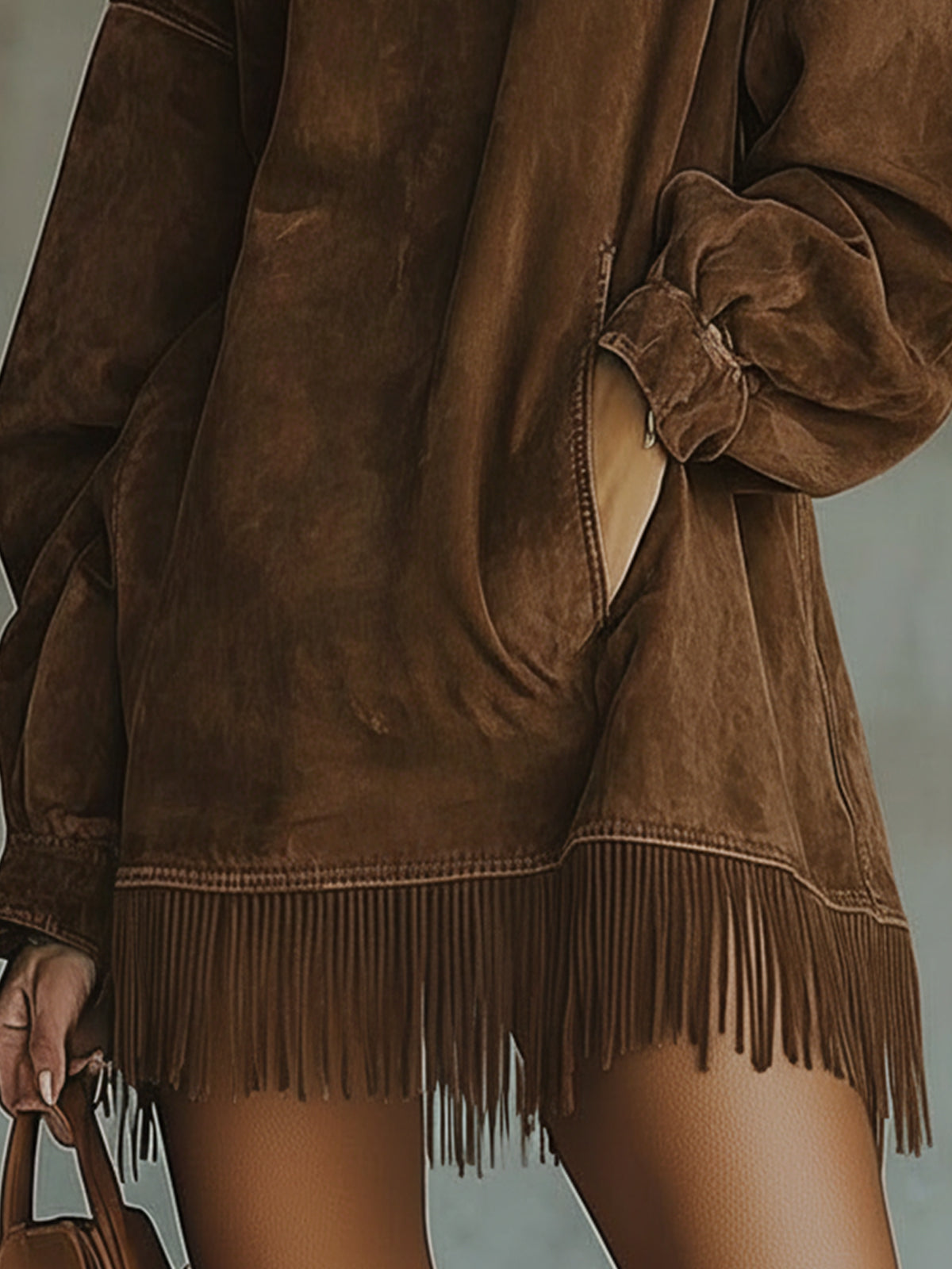 Oversized jurk met suèdelook en franjezoom in Bruin