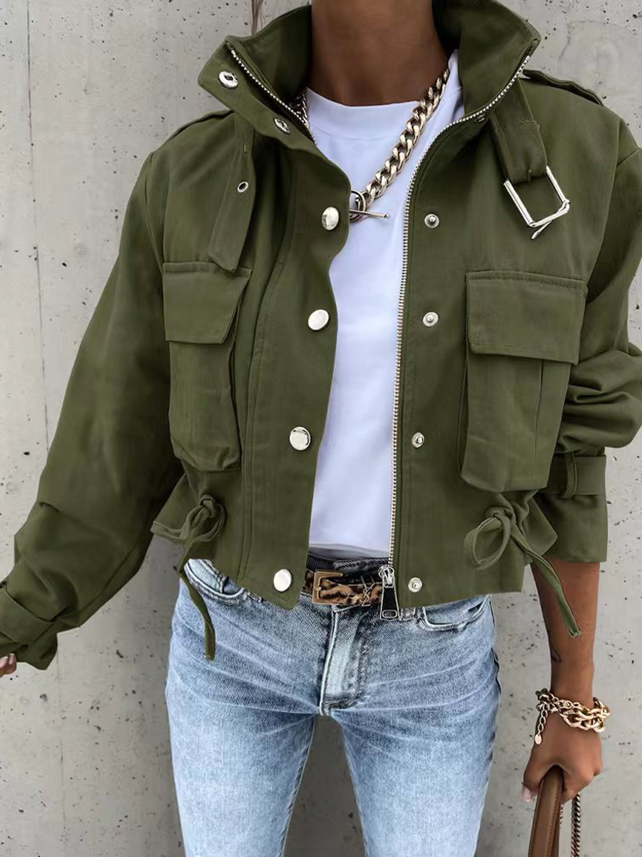 Utility jack dames cropped met kleppenzakken en trekkoord - olijfgroen