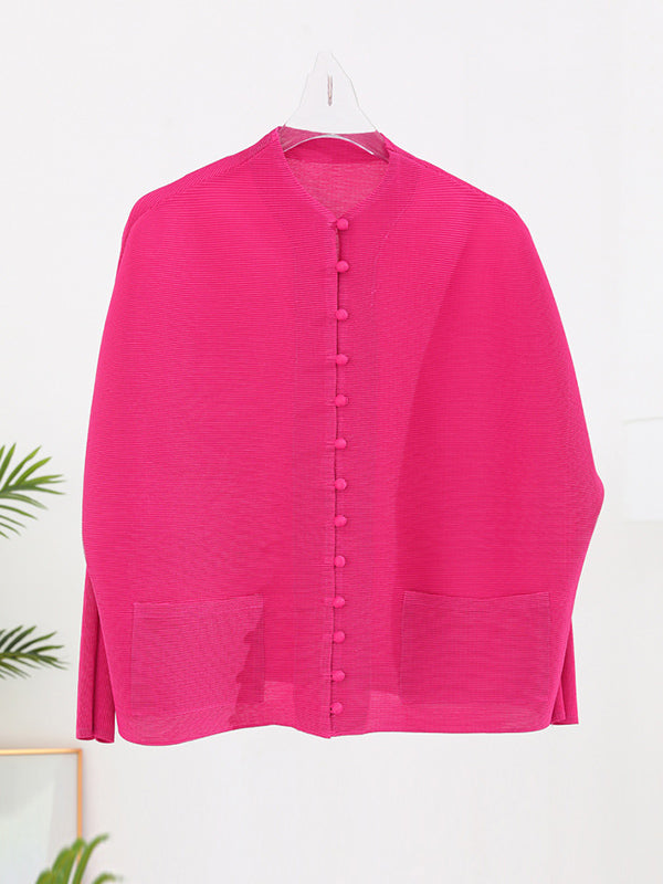 Geplooid damesjack met opstaande kraag, bedekte knopen en wijde mouwen - fuchsia