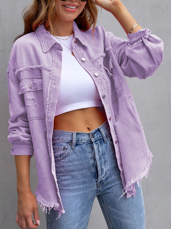 Oversized overhemdjack dames met rafelranden en borstzakken - paars