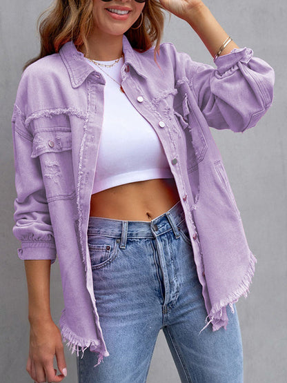 Oversized overhemdjack dames met rafelranden en borstzakken - paars