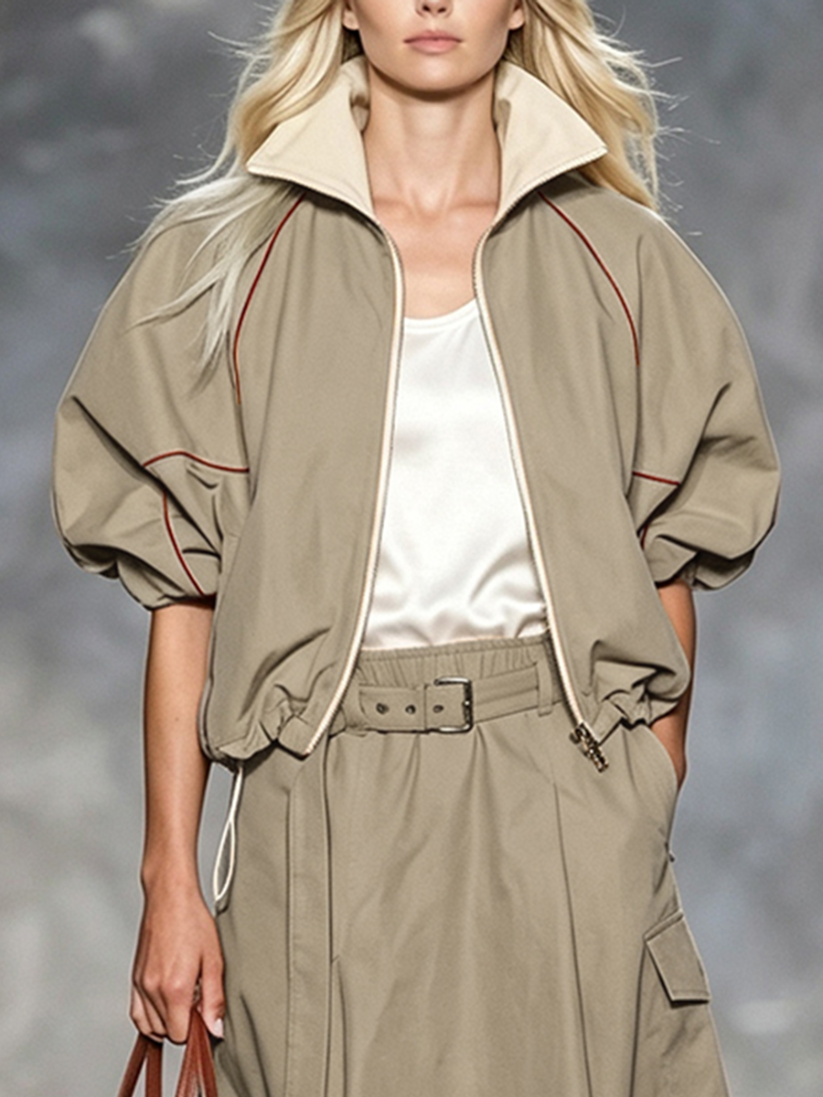 Khaki jack dames met roestkleurige bies en pofmouwen
