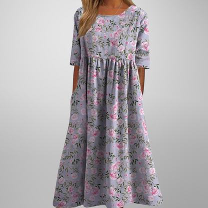 Relaxte midi jurk dames met bloemenprint - vrouwelijke comfortabele zomerjurk
