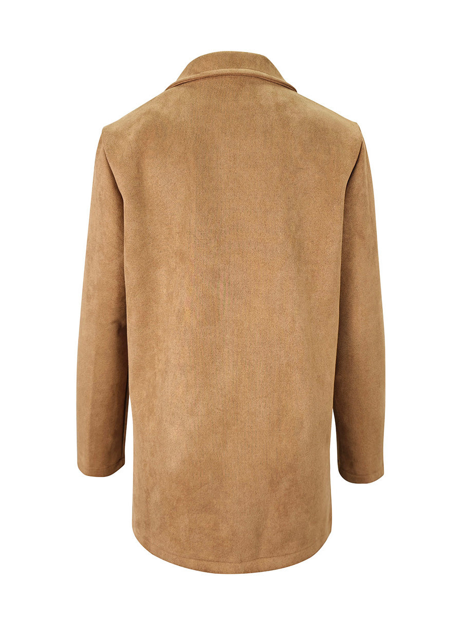 Cognackleurige damesblazer in suède look met revers en kleppenzakken