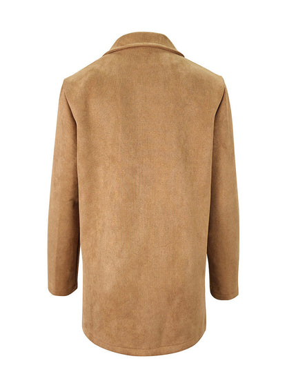 Cognackleurige damesblazer in suède look met revers en kleppenzakken