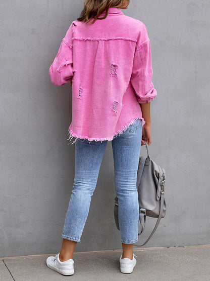 Oversized overhemdjack dames met rafelranden en borstzakken