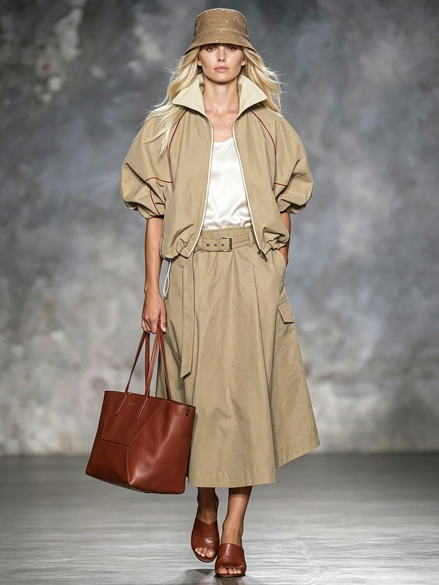 Khaki jack dames met roestkleurige bies en pofmouwen