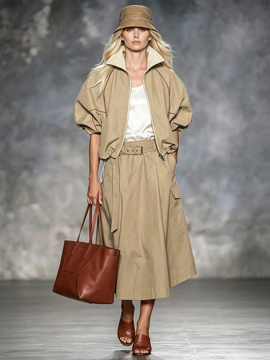 Khaki jack dames met roestkleurige bies en pofmouwen