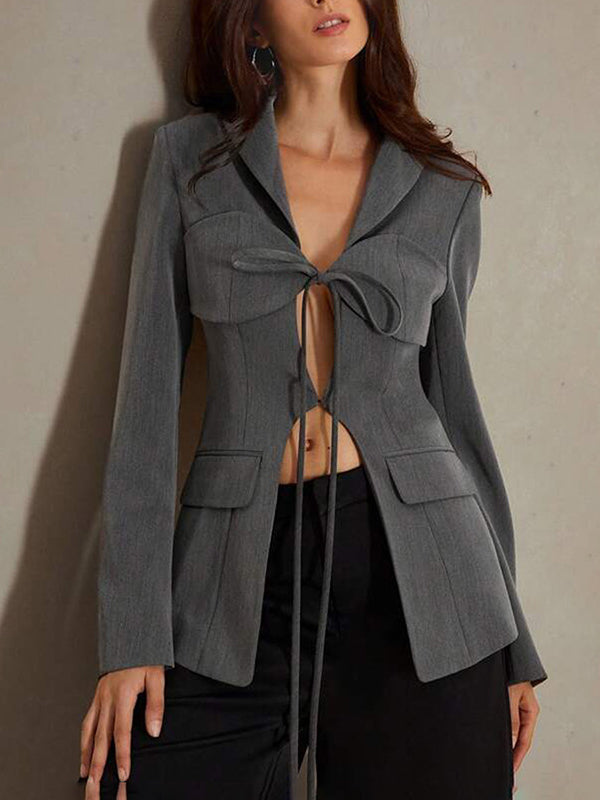 Blazer dames met striksluiting onder de borst, revers en kleppenzakken - grijs