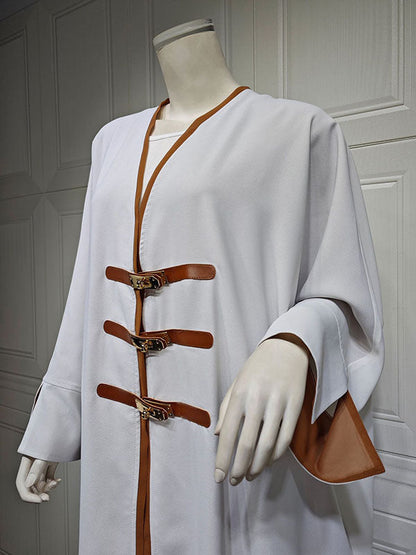 Enkellange open damesabaya met contrastbies en goudkleurige sluitingen