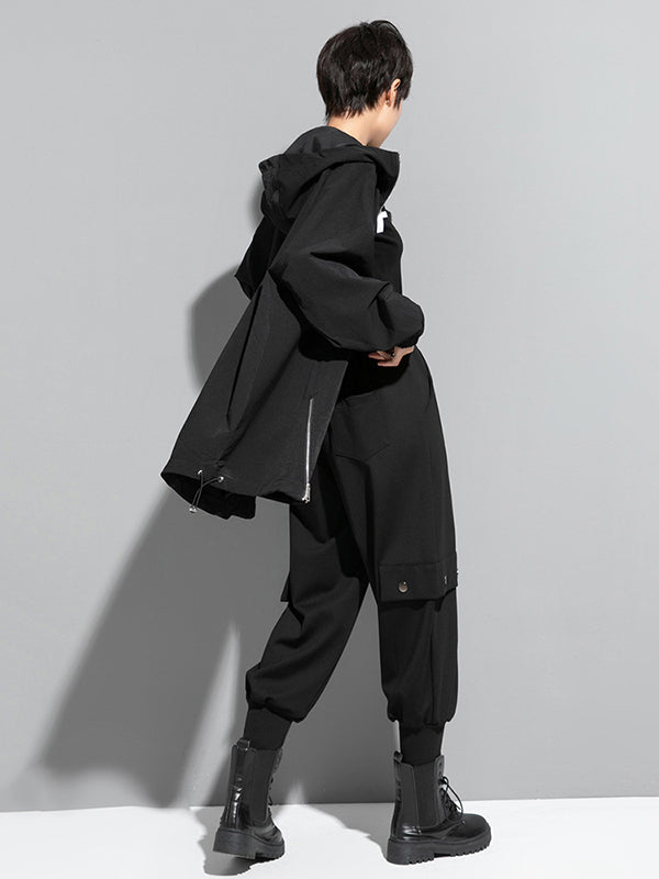 Oversized zwart damesjack met diagonale rits en capuchon