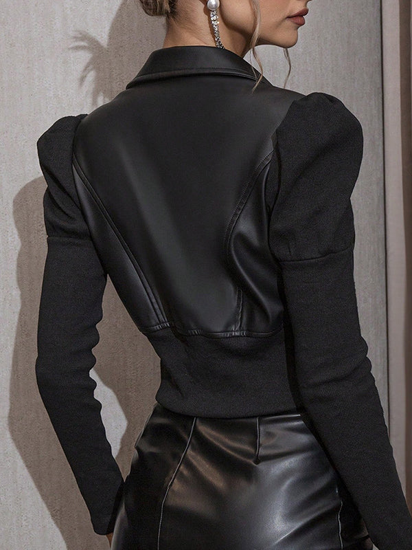 Cropped imitatieleren damesjack met geribde gebreide mouwen en rits