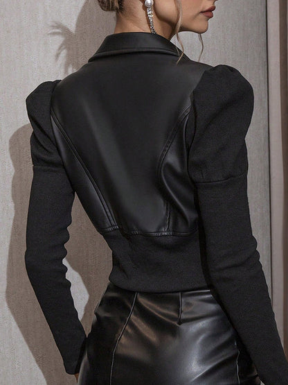 Cropped imitatieleren damesjack met geribde gebreide mouwen en rits