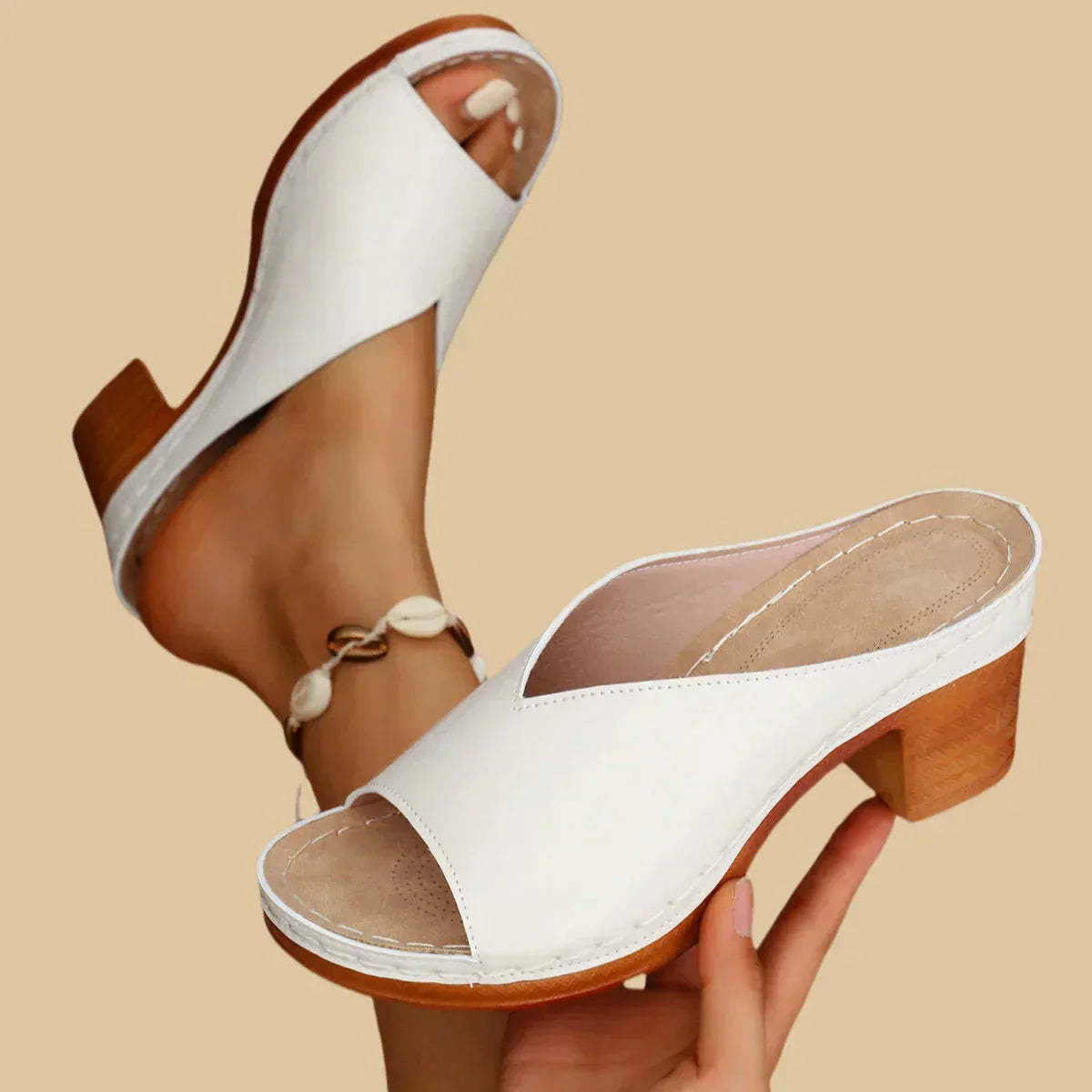 Sandalen dames dikke hak wit - instap open teen