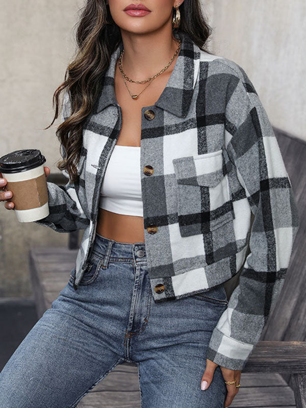Geruit cropped jack dames met puntkraag en twee kleppenzakken