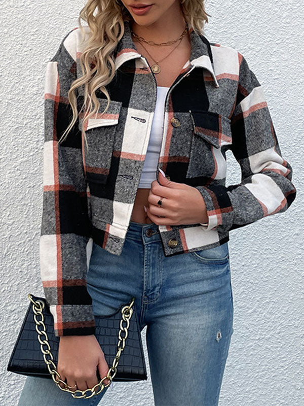Geruit cropped jack dames met puntkraag en twee kleppenzakken - zwart