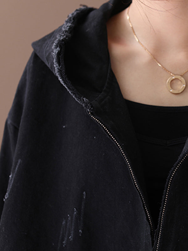 Oversized jack dames van gewassen katoen met capuchon en rafelnaden