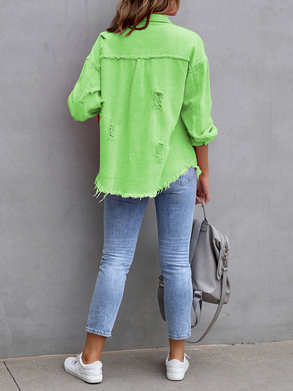 Oversized overhemdjack dames met rafelranden en borstzakken