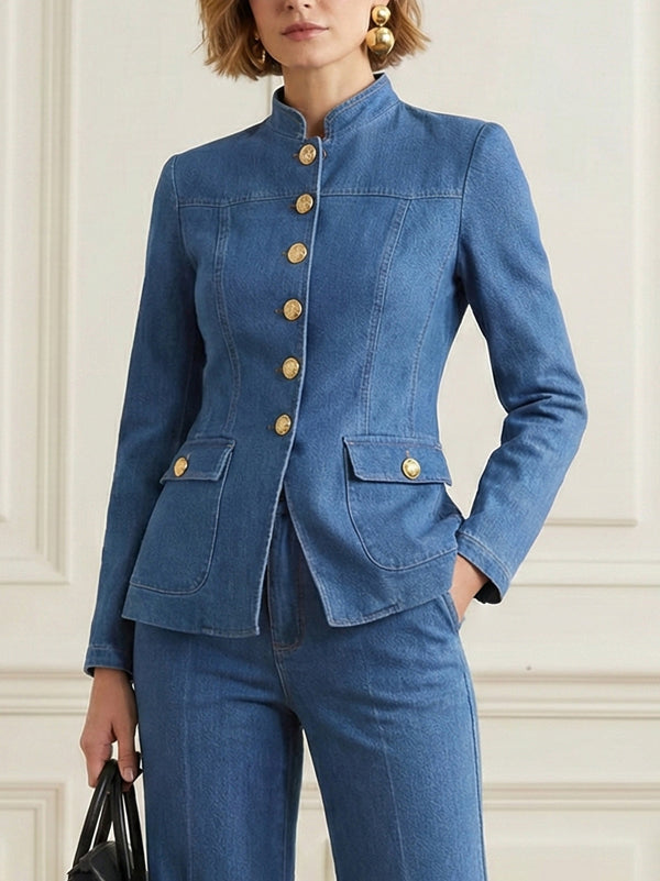 Getailleerd spijkerjack dames met opstaande kraag en gouden knopen - denimblauw