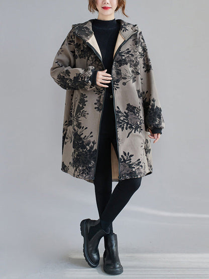 Grijs damesjack met capuchon en donkere bloemenprint