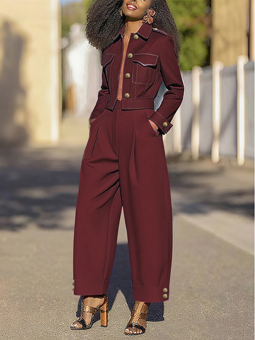 Cropped utility jack dames met revers en kleppenzakken - bordeaux