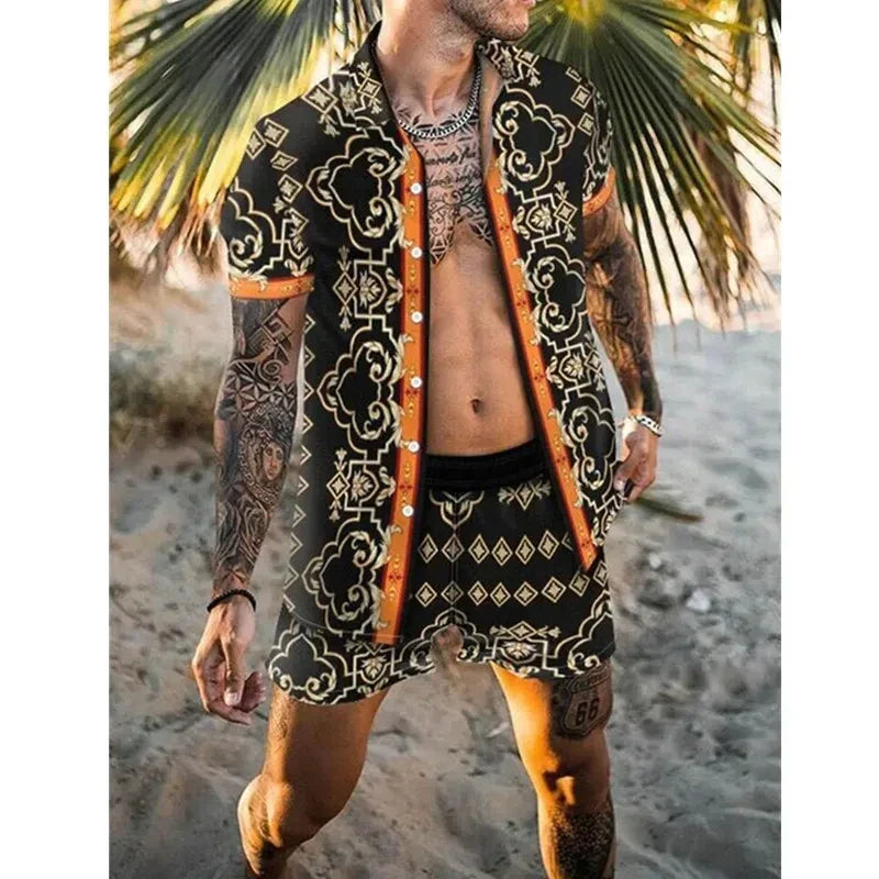 Zomerset heren in zwart met okergeel ornamentmotief, overhemd en short