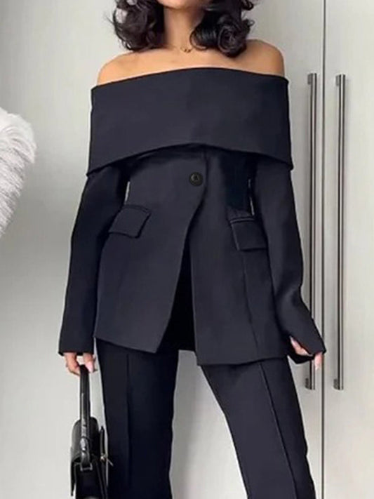 Zwarte off-shoulder blazer dames met omgeslagen halslijn - zwart