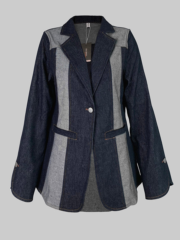 Getailleerde indigo denim damesblazer met lichtgrijze contrastvlakken - indigo
