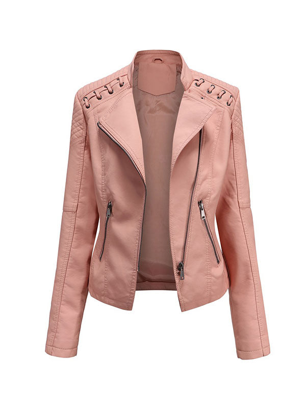 Imitatieleren bikerjack dames met rijgwerk over de schouders - roze