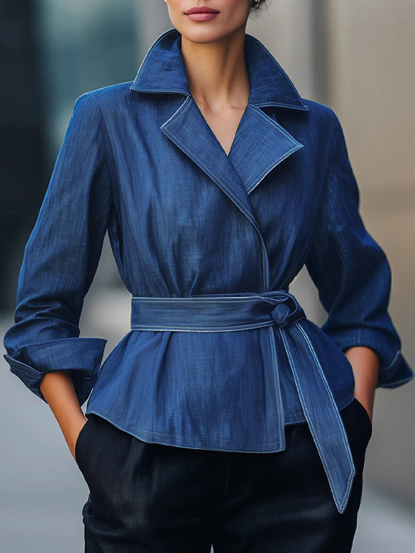 Blauw spijkerjack dames met brede revers en ceintuur - blauw