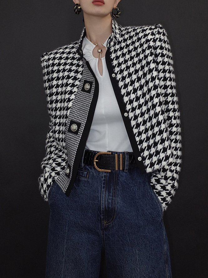 Cropped zwart-wit pied de poule damesjack met opstaande kraag - zwart-wit