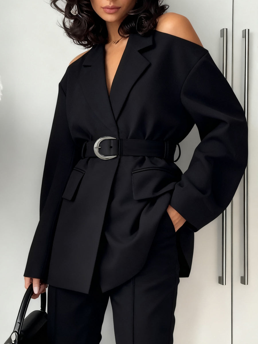 Oversized zwarte blazer dames met blote schouders en riem - zwart