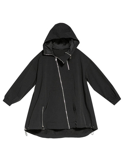 Oversized zwart damesjack met diagonale rits en capuchon