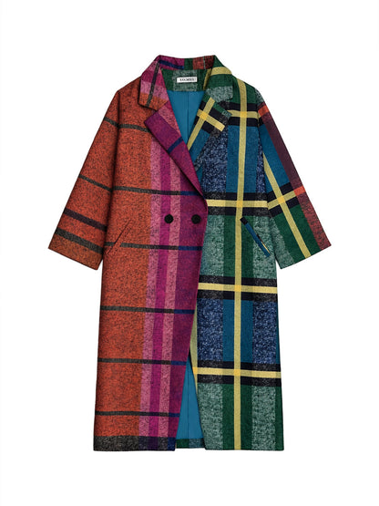 Geruite lange jas dames in heldere multicolor ruit