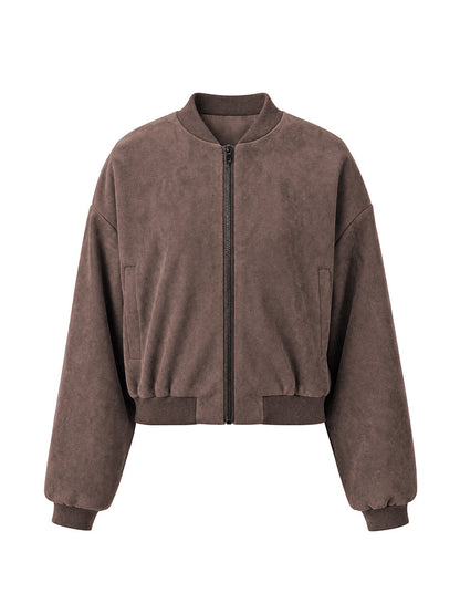 Cropped bomberjack dames in zachte koffiebruine suèdelook