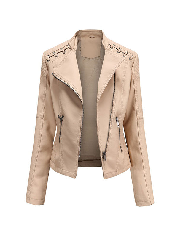 Imitatieleren bikerjack dames met rijgwerk over de schouders - khaki