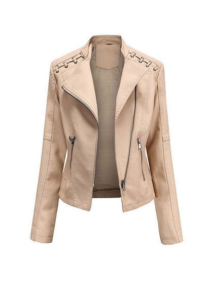 Imitatieleren bikerjack dames met rijgwerk over de schouders - khaki