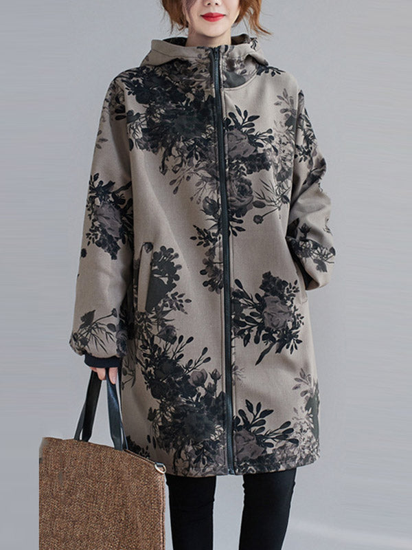 Grijs damesjack met capuchon en donkere bloemenprint - grijs met bloemen
