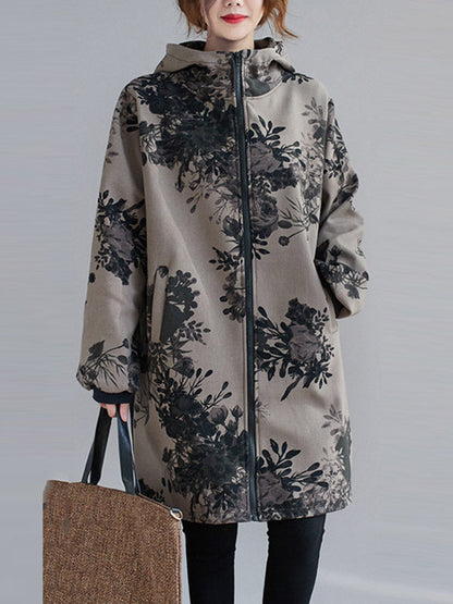 Grijs damesjack met capuchon en donkere bloemenprint - grijs met bloemen
