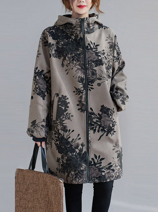 Grijs damesjack met capuchon en donkere bloemenprint - grijs met bloemen