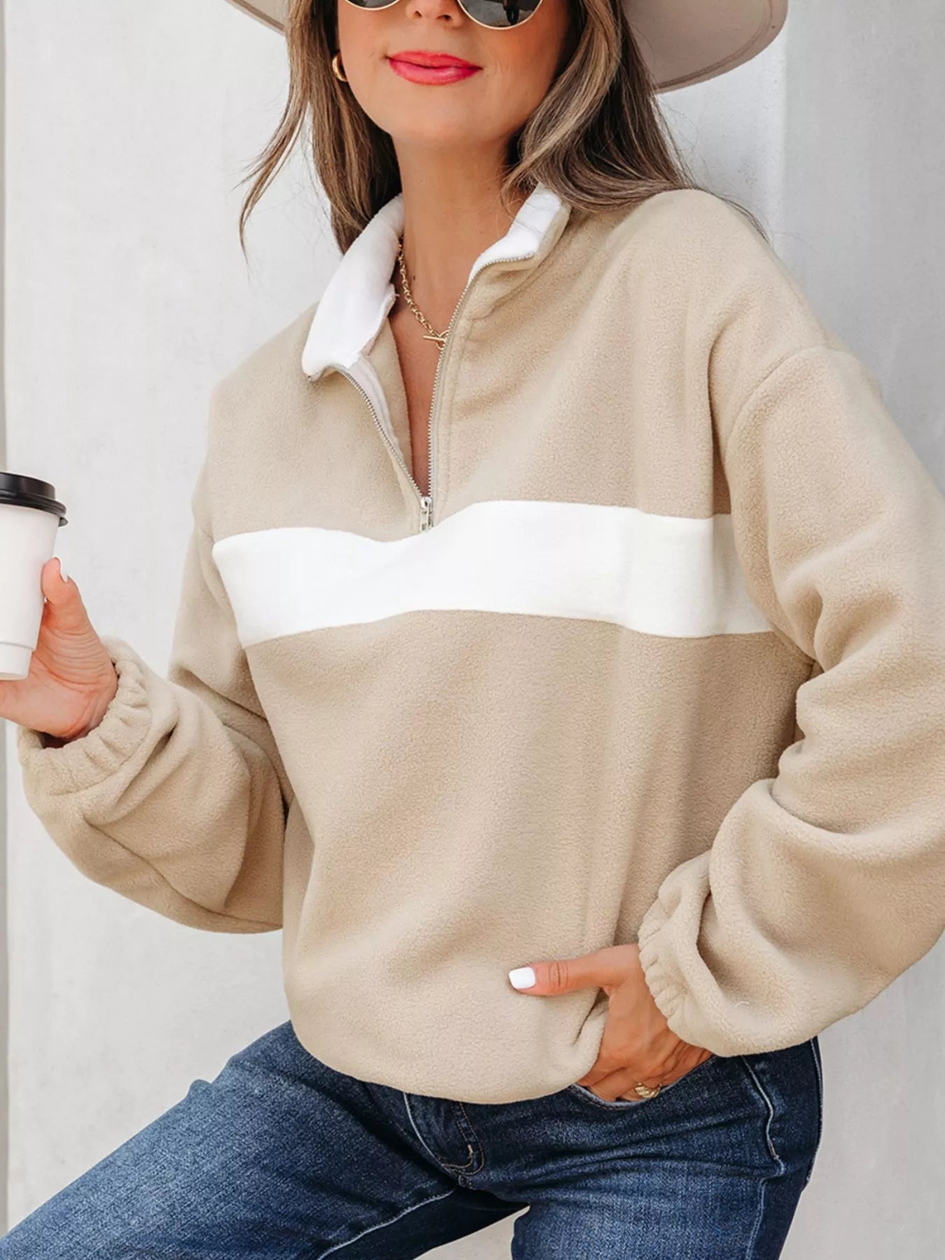 Fleece trui dames met halve rits in Zandbeige