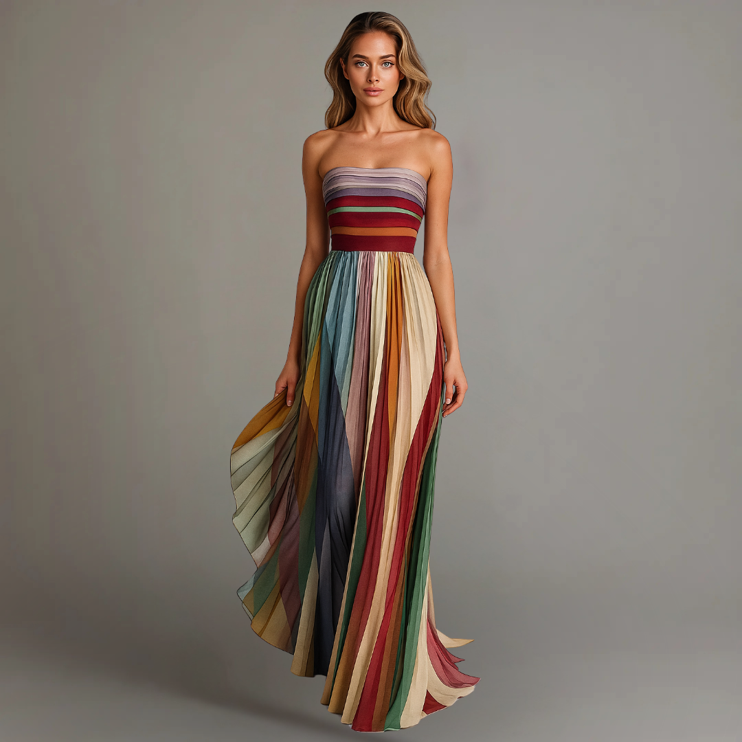 Strapless maxi jurk dames kleurrijke geplooide rok vooraanzicht