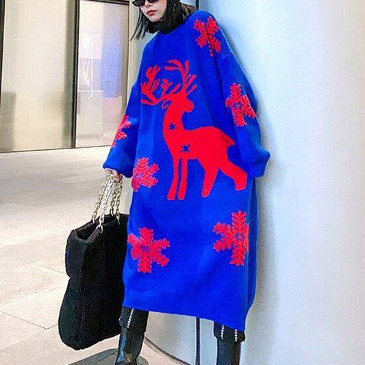 Lange oversized gebreide kerstjurk voor dames met groot rendier en sneeuwvlokken