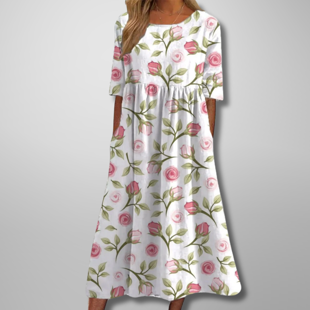 Relaxte midi jurk dames met bloemenprint - vrouwelijke comfortabele zomerjurk