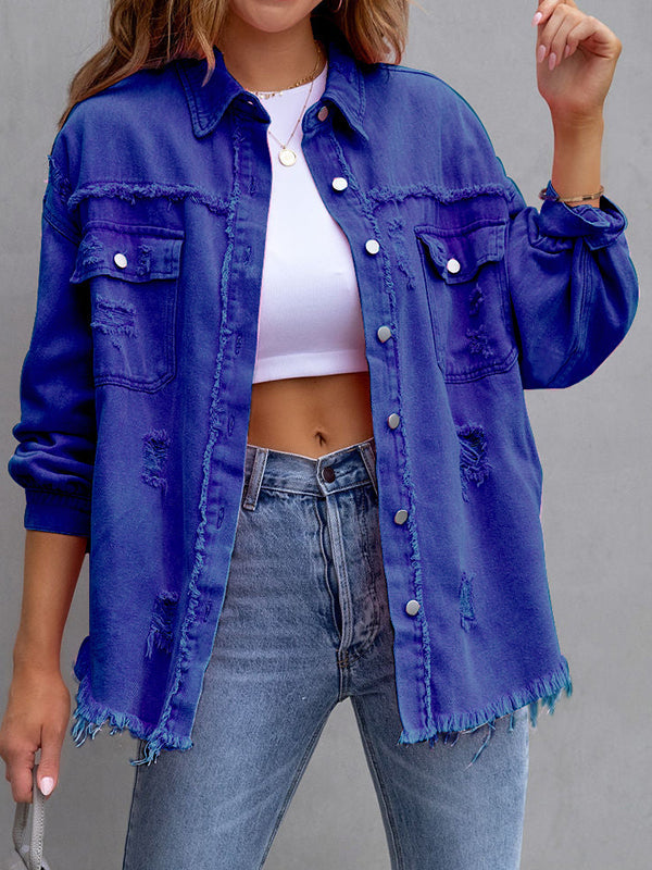 Oversized overhemdjack dames met rafelranden en borstzakken - blauw