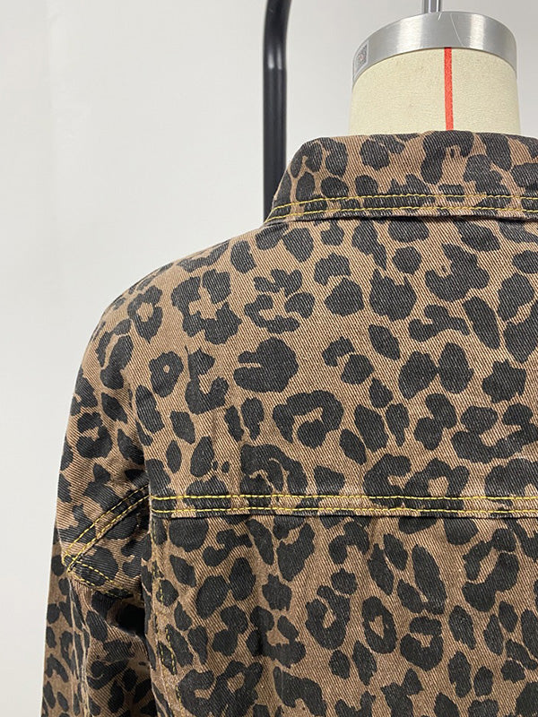 Luipaardprint jack dames met rafelzoom en borstzakken