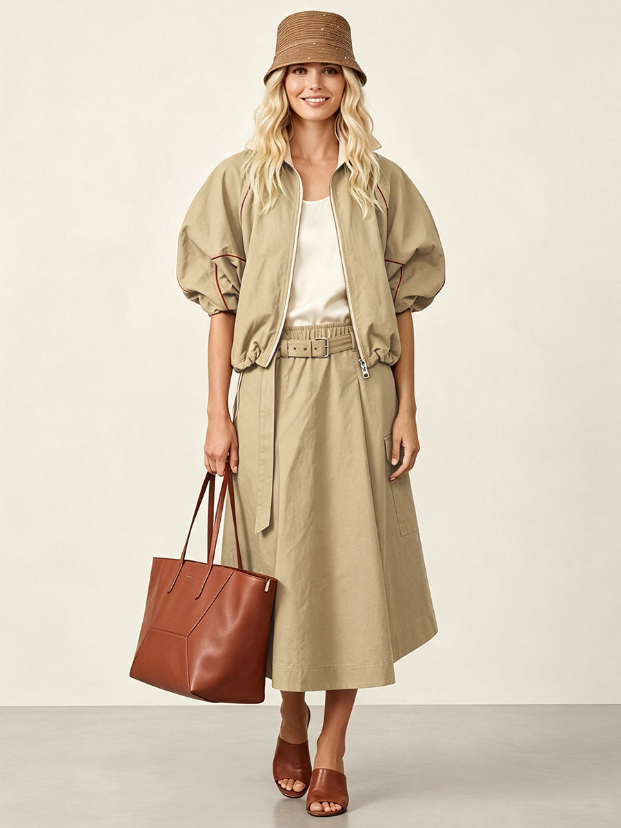 Khaki jack dames met roestkleurige bies en pofmouwen