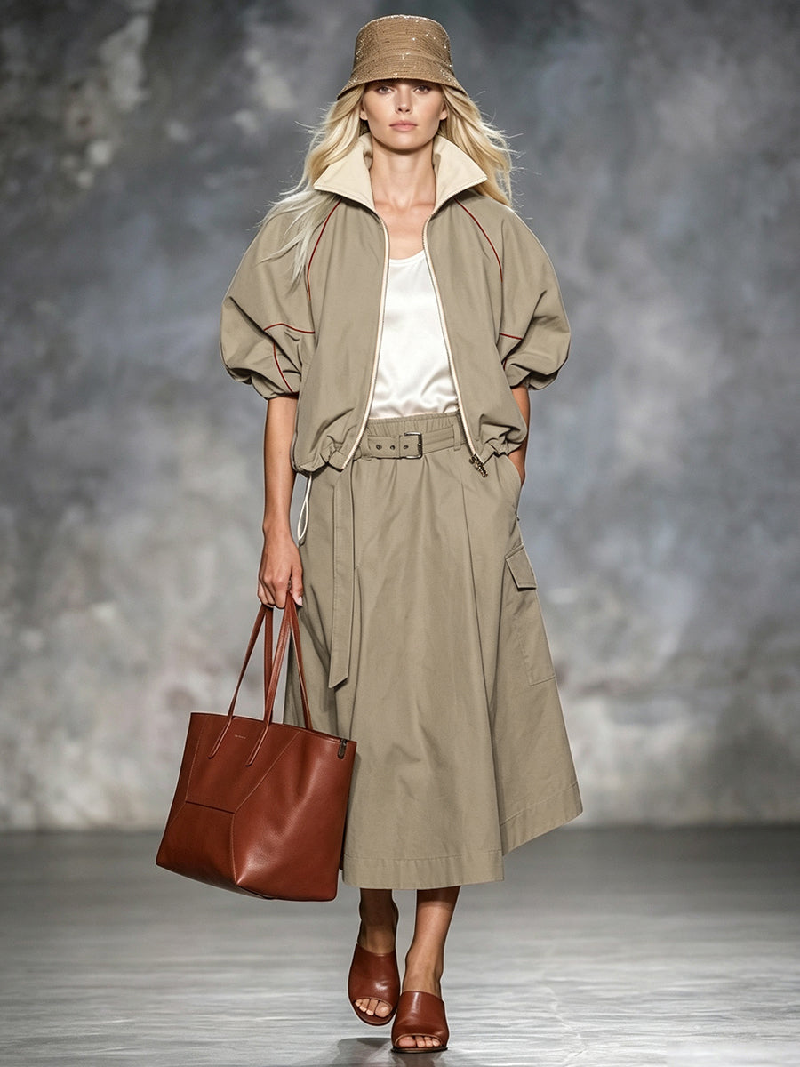 Khaki jack dames met roestkleurige bies en pofmouwen